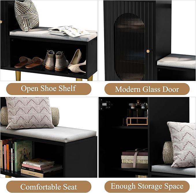 HLR Storage Bench Set of 2, Black Modern Entryway Shoe Cabinet Bench with Glass Door&Shelf, L-Shaped Storage Cabinet with Padded Seat for Hallway, Bedroom, Living Room, Office
