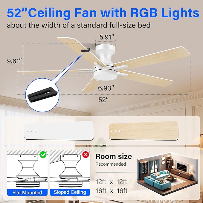 52 Inch Ceiling Fans with lights,RGB Low Profile Ceiling Fan with Light and Remote Control,APP,White Flush Mount Ceiling Fans for Modern Bedroom,Patio,Porch,Outdoor Indoor Use,Dimmable LED,6 Speed