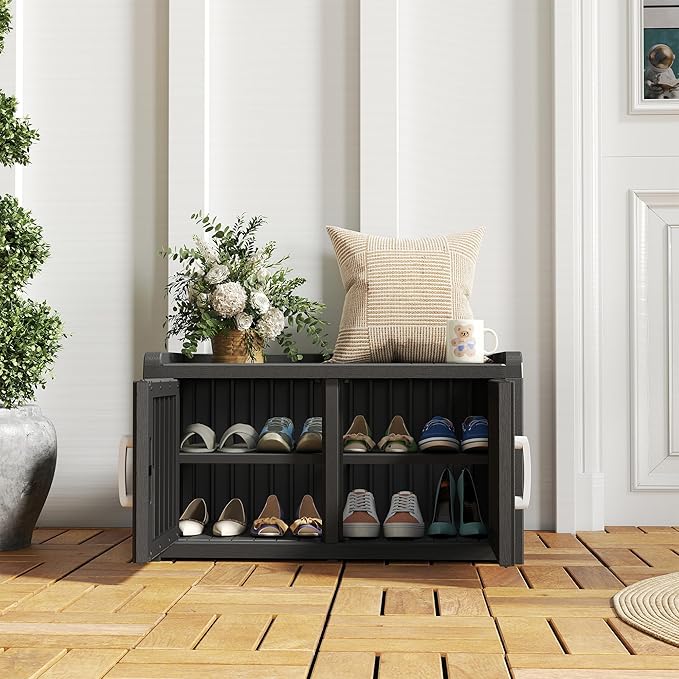 NUNU LAB Shoe Cabinet, Waterproof UV-Resistant Shoe Storage Cabinet with Adjustable Shelves, Entryway Shoe Organizer Bench with 2 Barn Doors for Foyer, Hallway, Living Room, Black