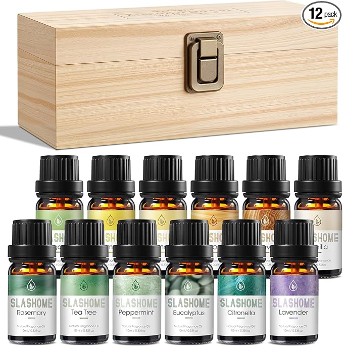 Essential Oils for Diffusers for Home - 12x10ml, for Candle Making, Natural Scented Oils for Diffuser, Humidifier, Spa & Gifts with Wood Box - Lavender, Peppermint, Sweet Orange, Tea Tree &More