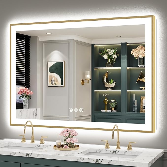 50x36 Gold LED Bathroom Mirror with Lights, Brushed Gold Framed Backlit and Front Lit Anti-Fog Lighted Vanity Mirrors for Bathroom Wall, Dimmable, 3 Colors, Memory, HD Tempered Glass, CRI＞90