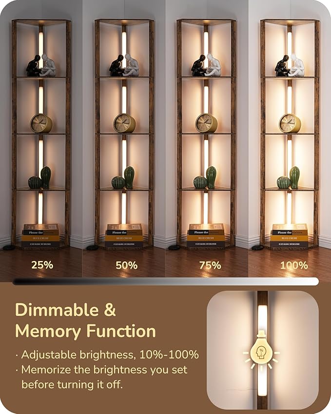 EDISHINE 64" LED Floor Lamp, Modern Floor Lamp with Shelves, Tall Standing Lamp with 3 Color Temperature, Stepless Dimmable Corner Floor Lamps for Living Room, Bedroom, Office, Burlywood