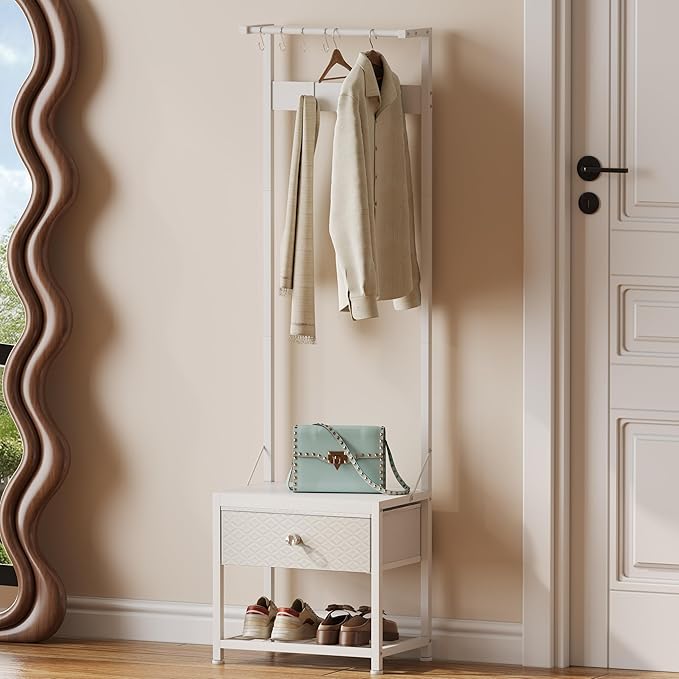 LUMTOK Hall Tree with Shoes Bench, Small Coat Rack with Fabirc Drawer and Shelf for Bedroom, 4-in-1 Entryway Organizer with Shoes Stool for Living Room, Entryway, Closets (Rustic Brown) (White, Small)