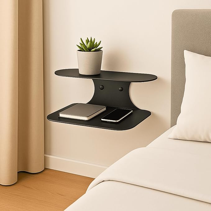 Black Metal Floating Nightstand – Wall Mounted Bedside Shelf for Bedroom, Minimalist Modern Floating Shelf, Powder-Coated Steel Wall Rack (Small - 11.4")