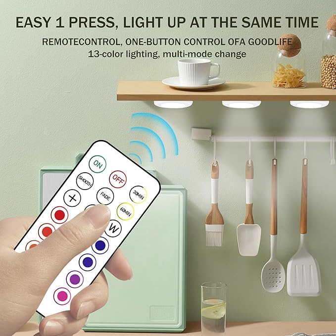 LED Lights with Wireless Remote, 13 Color RGB - for Closet, Under Cabinet,Bedroom Wall, Battery Powered Puck Lights. Convenient 3M Stick On