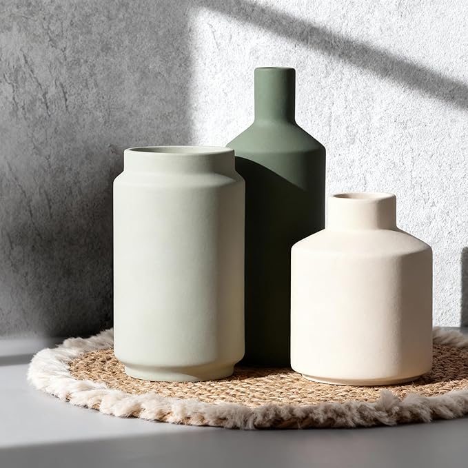 Modern 3 Piece Ceramic Vase Set - Minimalist Home Decor Vases for Living Room, Bedroom, or Entryway - Modern Neutral Table Decor for Flowers or Greenery, Shelf and Mantel Accent