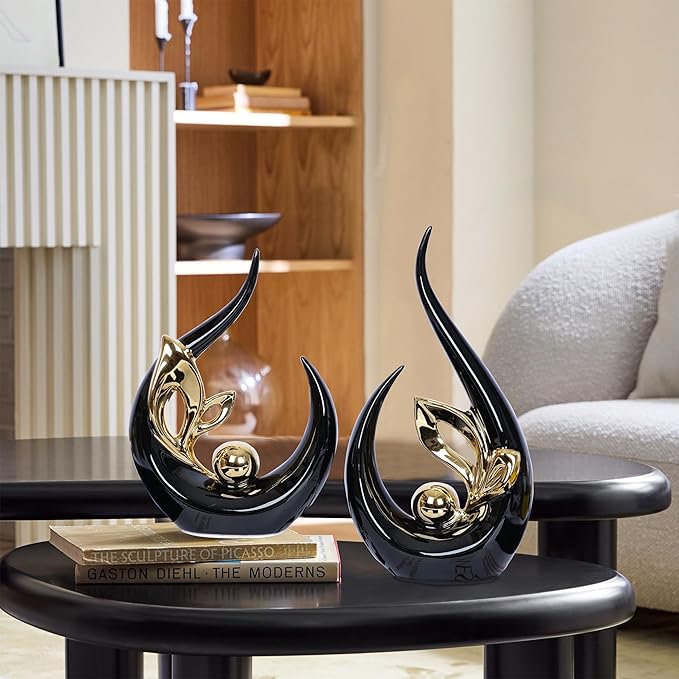 2 PCS Black Gold Home Decor Accent Ceramic Statue Abstract Sculptures Centerpieces Mid Century Modern Decor for Tables Coffee Table top Decorations for Living Room Desktop Shelf Dining Room Kitchen