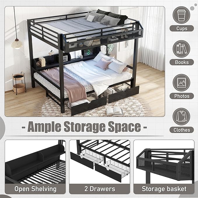 Bellemave Queen Over Queen Metal Bunk Bed with Storage Drawers and Shelves, Heavy Duty Bunk Beds with LED Lights and Charging Station for Kids,Adults,Convertible into a Sofa Bed,Black