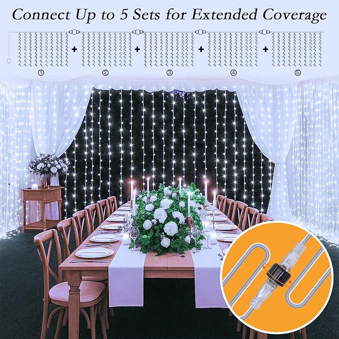 Curtain Lights with Hooks, 200 LED 9.8 x 6.6FT Window String Lights, Plug in Fairy Lights with Remote & Timer, 8 Modes Waterproof Hanging Backdrop Lights for Bedroom, Wedding, Christmas Decor