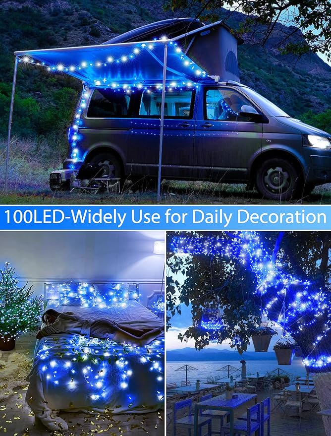 String Lights Indoor Bedroom, 33FT 100 LED Fairy String Lights Outdoor Waterproof, 8 Modes Memory Twinkle Christmas Light Plug in for Classroom Dorm Patio Tree Garden Decor (Cool White+Blue)