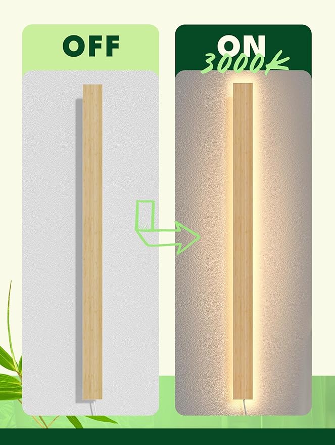 1 Pack Modern Plug in Long Wall Sconce 45.2‘’ LED Bamboo Wall Lights 35W Long Strip Indoor Wall Lamp 3000K with 6.5FT Plug in Cord and On/Off Switch on The Cord for Living Room Hallway Stairwell