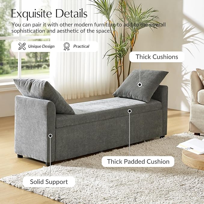 59.5" Modern Storage Ottoman Bedroom Bench, End of Bed Bench with Arms and Throw Pillows, Footrest Stool for Living, Dining Room, Entryway and Hallway, Charcoal