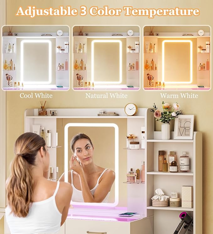 Vanity Desk with Mirror and LED Lights, 43" Makeup Vanity with Glass Top & Wireless Charging, Vanity with RGB Drawers, 3 Colors Light, Power Outlet Safety Switch for Bedroom, White