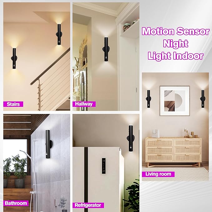 Battery Operated Wall Sconce Set of Two, Rechargeable Wall Lights with Motion Sensor, Remote Control, Dimmable Metal Magnetic Wall Lamp for Decor, Bedroom, Night Light (Black, 2 Pcs)