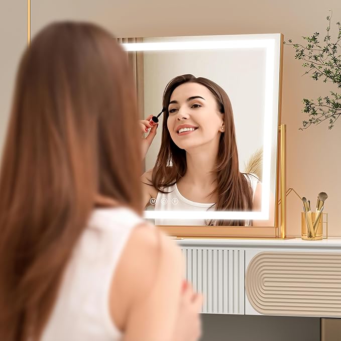 Vanity Mirror with Lights, 26'' x 22'' Lighted Makeup Mirror, Touch Screen with 3-Color Lighting, Dimmable for Vanity Desk Tabletop Square Gold