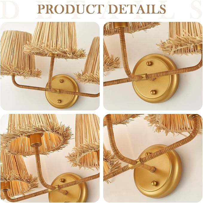 Boho Hand Woven Rattan Wall Sconces 3-Lights Wall Lamp Coastal Brass Wall Lights for Hallway Vanity Bedside Doorway, UL Listed