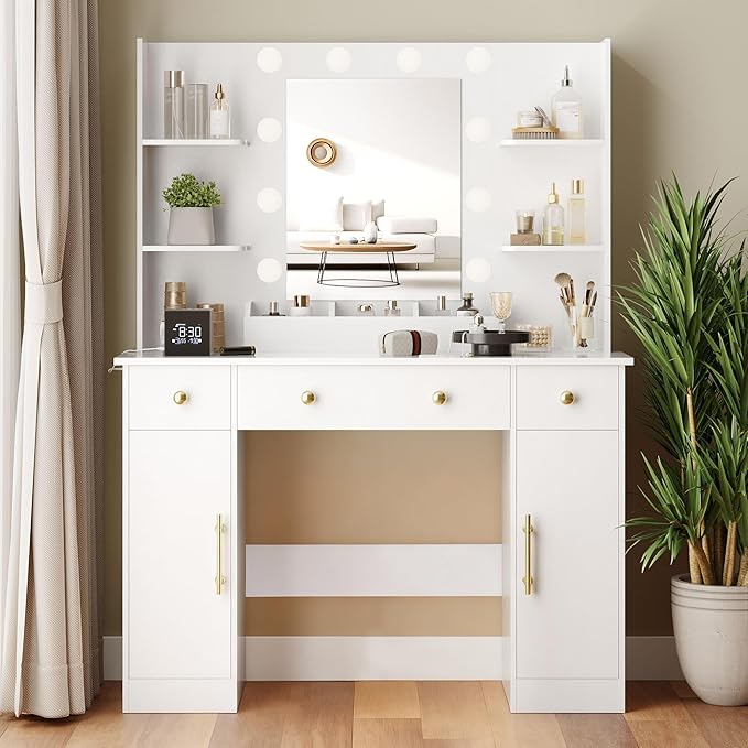 Makeup Vanity Desk with Mirror and Lights, 43" White Vanity Set with 3 Drawers, Power Outlet & Adjustable RGB LED Lights, Dressing Table with Storage Shelf for Women & Girls Bedroom