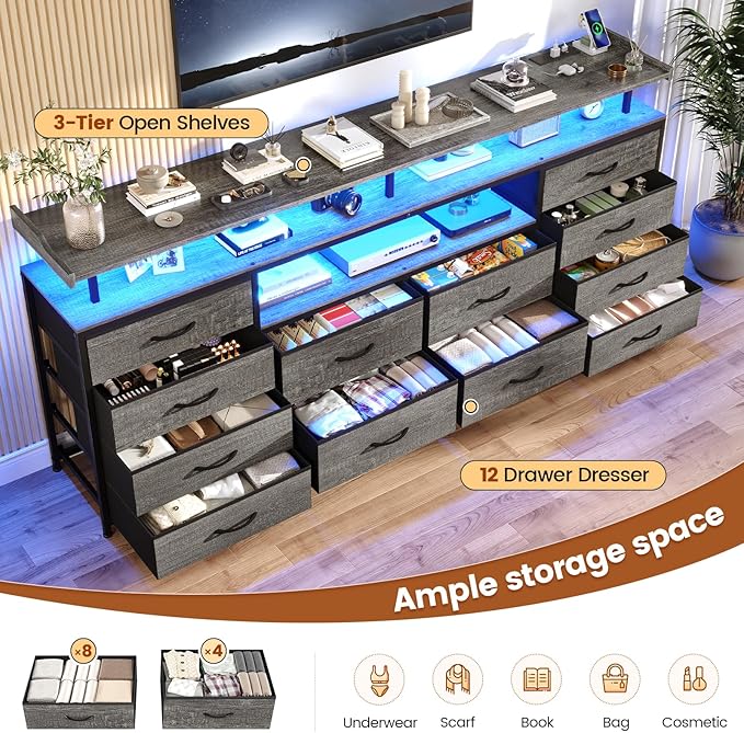 BTHFST 12 Drawers TV Stand Dresser for 65/70 inch TV, Entertainment Center with LED Lights & Power Outlets, 63" Large LED TV Stand, TV Console for Bedroom
