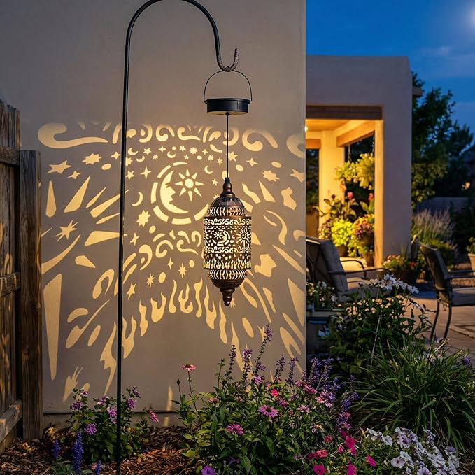 Moroccan Hanging Solar Lights Outdoor Garden Decor Sun and Moon Decorations Solar Lantern Waterproof for Patio Pathway Yard Backyard Garden Decorative (Cylinder, 1)