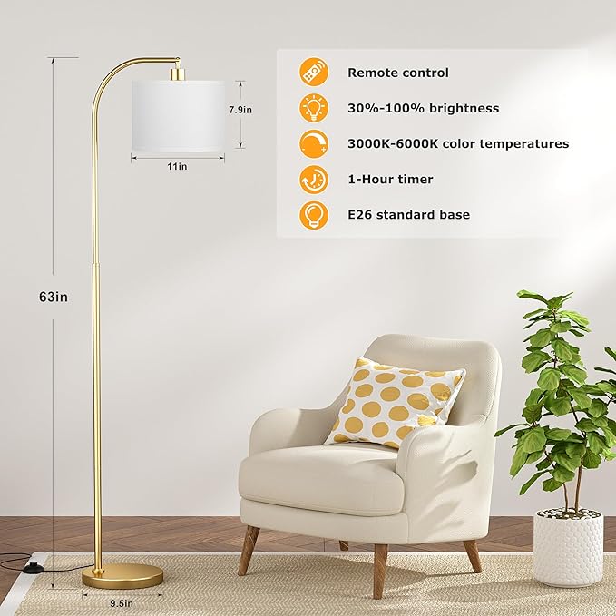 Ambimall Arc Floor Lamp with Remote and Stepless Dimmable Bulb, Colors Temperature & Brightness Adjustable, Floor Lamps for Living Room（White Shade & Gold Pole）