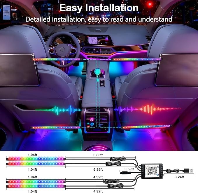 Car LED USB Interior Strip Lights with RF Remote Control, Dream RGB Color Car Ambient Lighting APP Control, Multicolor Footwell Under Dash Chasing Inside Light Kits for Cars ATV Truck, DC12V