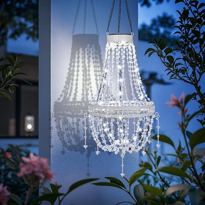 Hanging Solar Lantern Outdoor Chandelier, Waterproof Modern Crystal Acrylic Pendant Light with Cool White LED S Hook Gifts for Women Garden Decor Light for Gazebo, Patio, Yard, Party, Wedding