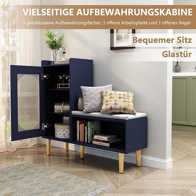 HLR Storage Bench with Glass Door&Shelf, Modern Entryway Shoe Cabinet Bench with Padded Seat, Blue L-Shaped Storage Cabinet for Hallway, Bedroom, Living Room, Office