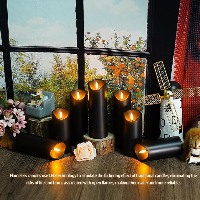 Flameless Candles with Remote, Battery Operated Flickering Flameless Candles, LED Candles with Timer 2/4/6/8H, with Realistic LED Candles Set of 12 (D2.2 x H 5" 6" 7") (Black)
