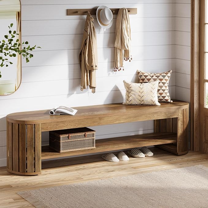 Tribesigns 63" Wooden Entryway Bench with Shoe Storage, Long 2-Tier Narrow Shoe Bench with Arc Vertical Slat Splicing Legs, End of Bed Stool for Bedroom, Entrance, Living Room (Brown)