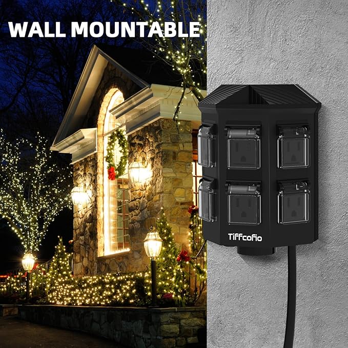 TiFFCOFiO Outdoor Power Strip with 25FT Extension Cord, Remote Control Dusk to Dawn Light Timer Waterproof, 6 Grounded Outlets for Christmas Yard Inflatables and Decorations, ETL Listed