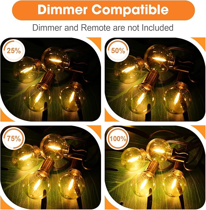 25 Pack G40 LED Replacement Light Bulbs, Waterproof Clear Globe Light Bulb E12 Screw Base for Outdoor String Lights, Patio Cafe Décor, Dimmable, Warm White