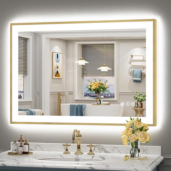 44x30 Gold LED Bathroom Mirror with Lights, Brushed Gold Framed Backlit and Front Lit Anti-Fog Lighted Vanity Mirrors for Bathroom Wall, Dimmable, 3 Colors, Memory, HD Tempered Glass, CRI＞90