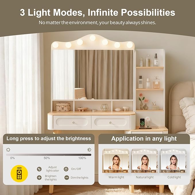 Vanity Desk with Mirror and Lights,Makeup Vanity with 2 USB Power Strip,Vanity Set with Two Drawers and Three-drawer Chest, 3 Lighting Modes Adjustable Brightness, Foldable Three-sided Mirror (White)