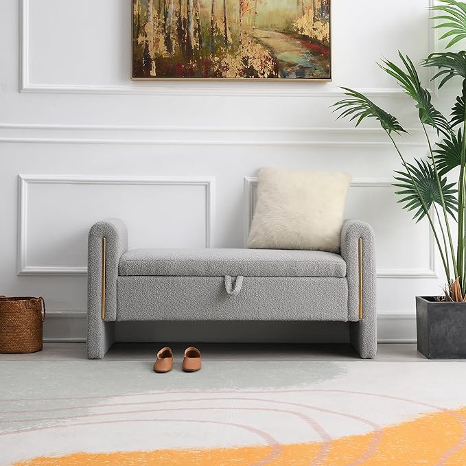 Modern 52" Storage Ottoman Bench, Upholstered End of Bed Storage Bench with Armrests, Entryway Bench, Teddy Foot Rest Stool for Living Room Hallway Bedroom (Grey)
