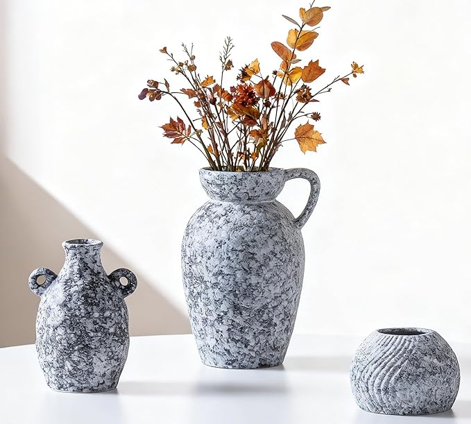 Stone Vase Home Table Decor, Black Ceramic Modern Rustic Farmhouse Vase Set of 3 Centerpiece for Shelf Bedroom Bathroom Desk