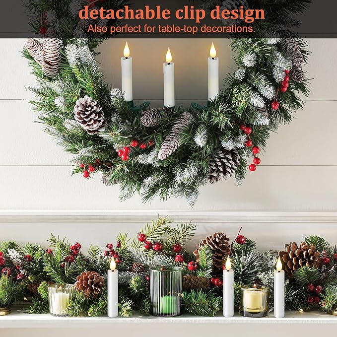 IMAGE 12Pcs LED Taper Candles Light Set Flameless 3D Wick Ivory Candles with Clip-on Christmas Tree Design, 10-Key Remote with Timer, Warm White Light, Battery Operated for Versatile Decoration