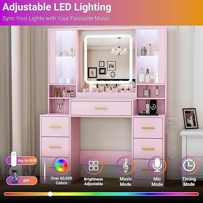 Vanity Desk with Mirror and Lights, Makeup Vanity with 7 Drawers, 2 Glass Door Cabinets, Charging Station, Adjustable Shelves, RGB Lighting, Hair Dryer Holder