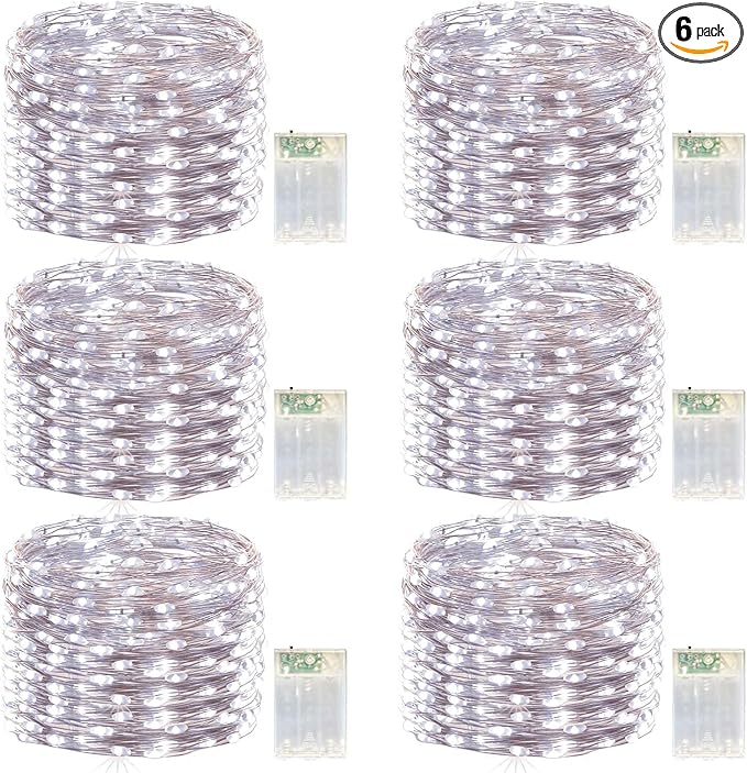 LitHome 6 Pack Cool White Fairy Lights Battery Operated, 20 FT 60 LED Twinkle Lights Battery Operated 2 Modes, Waterproof Led Fairy String Light for Indoor Outdoor Christmas Wedding Bedroom Decor