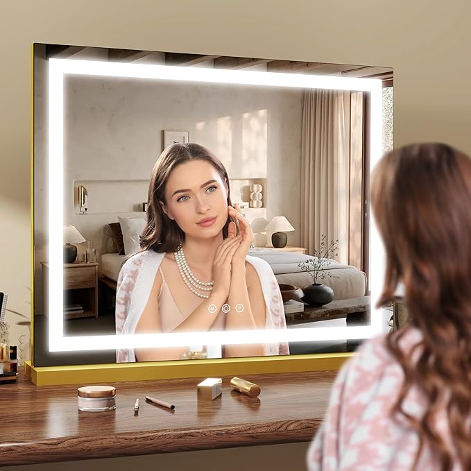 ROLOVE Gold Vanity Mirror with Lights 23x18 Inch, 3-Color Dimmable LED & Touch Control - Large Makeup Mirror for Dressing Room (Wall/Tabletop Mount)