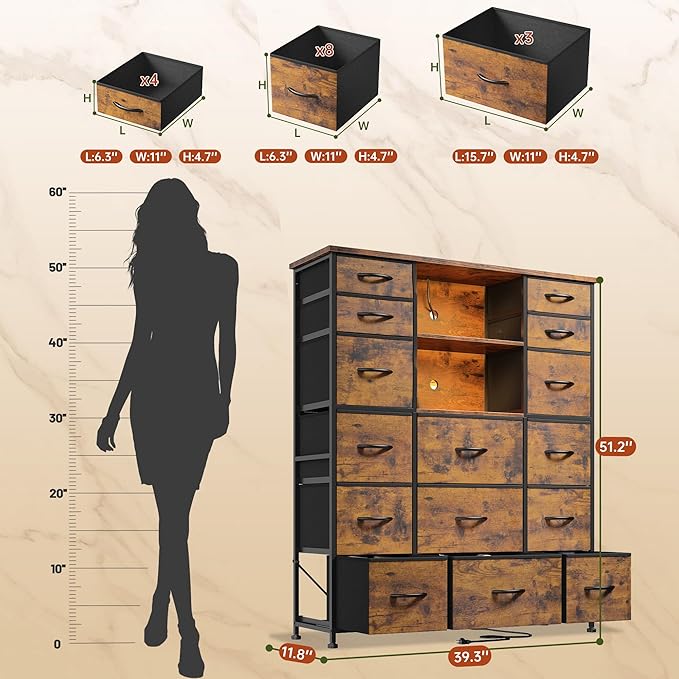 EnHomee 51" H Dresser with 15 Drawers Dresser for Bedroom with Charging Station & LED Lights & Hutch Sturdy Fabric Bedroom Dressers, Steel Frame, Wood Top, Rustic Brown, 51.2" H x 39.3" W x 11.8" D