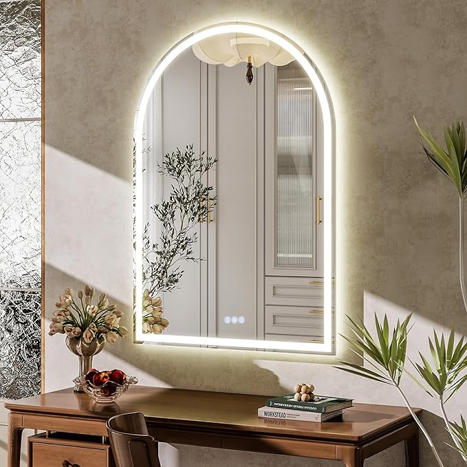 BEAUTYPEAK LED Arch Bathroom Mirrors with Lights, 36x24 Arch Mirror with Metal Frame, Anti-Fog,LED Mirror with Front Light and Backlit, Memory Function for Bathroom, Dressing Room