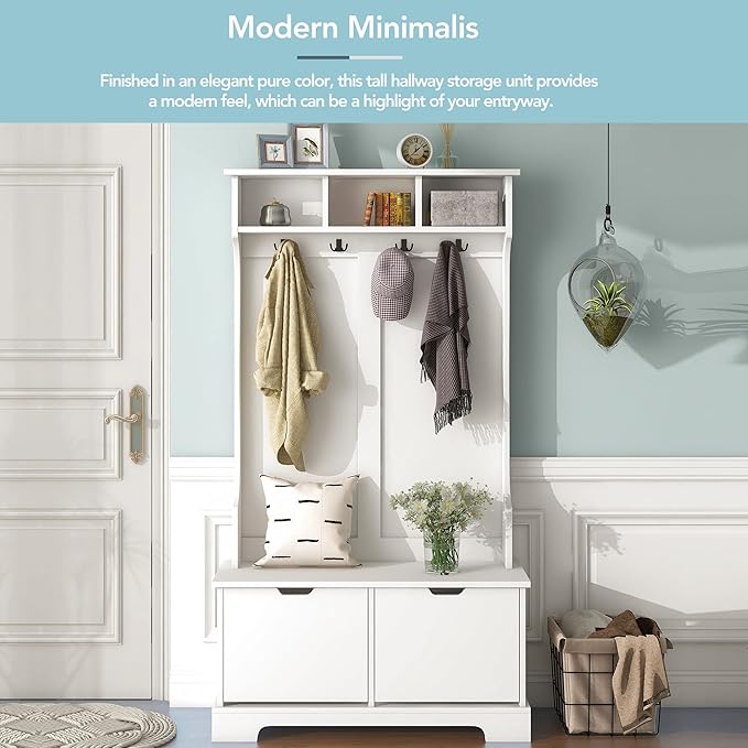RUNNA Modern All in One Hall Tree with 3 Top Shelves and 2 Flip Shoe Storage Drawers,Bench and 4 Metal Hooks,Wood Organizer for Hallway Entryway Use (White@q)