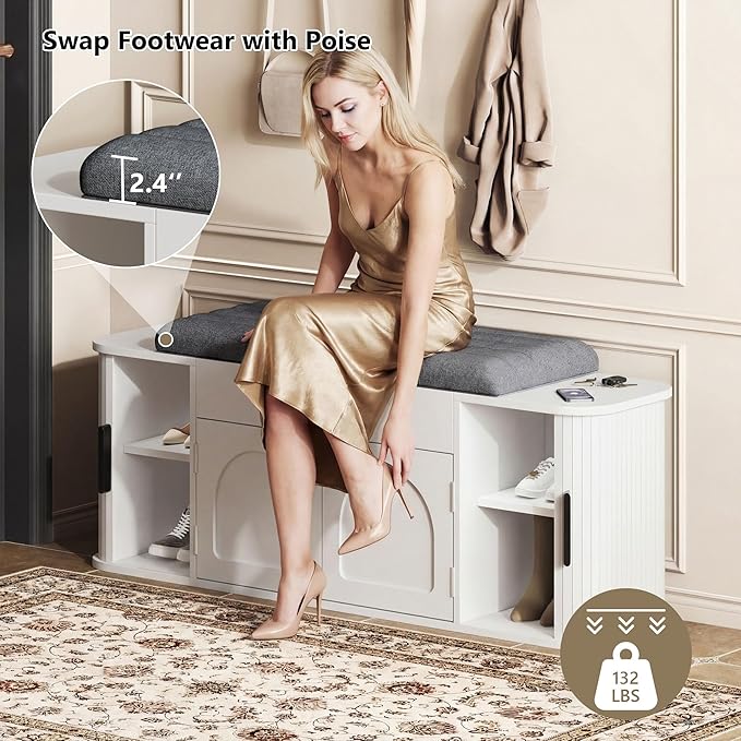 47.2'' Entryway Shoe Storage Bench with Seat Cushion & Sliding Door, Shoe Rack with Lift-Top Hidden Storage & Adjustable Shelf, Bench for Bedroom End of Bed, White