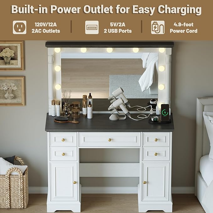 Vanity Desk with 38" Large Mirror and 11 LED Lights, Adults Makeup Vanity with 5 Drawers and 2 Cabinets & Power Outlet and 3 Lighting Modes, Farmhouse Wooden Dressing Table for Bedroom, Antique White
