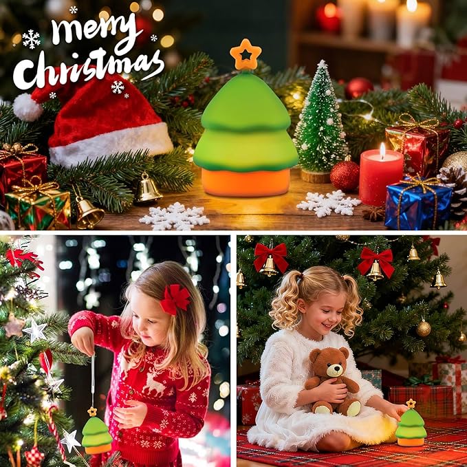 Squishy Christmas Tree Night Light with RGB Modes Dimmable Nursery Breastfeeding Nightlight Hangable Cute Christmas Lamp Novelty Rechargeable Silicone Touch Bedside Lamp for Bedroom Dorm Decor