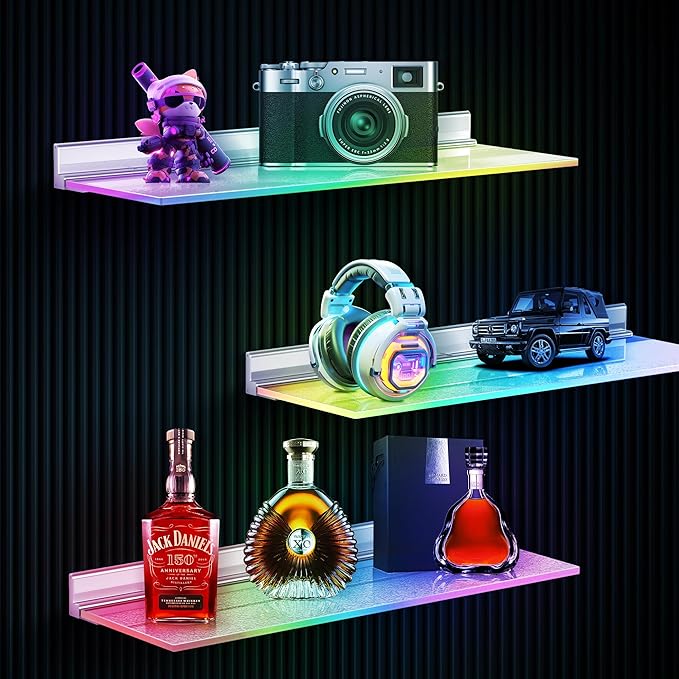 VST Modern Acrylic LED Wall-Mounted Bar Shelves, 3-Pack RGB Backlit Floating Liquor & Wine Display with Aluminum Profile Frame | APP/Voice Control Mood Lighting for Home Bar & Game Room