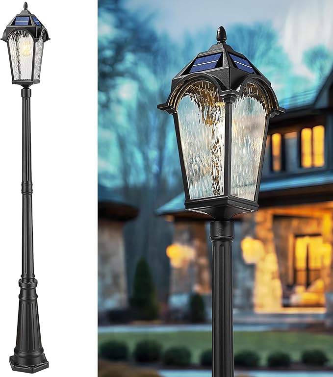 FEMILA Solar Lamp Posts Outdoor Lighting, 85.4" Aluminum Glass Outdoor Pole Lights, Dusk to Dawn Solar Street Light with Remote Control for Yard Garden Driveway, 4FYX95PL-SL BK