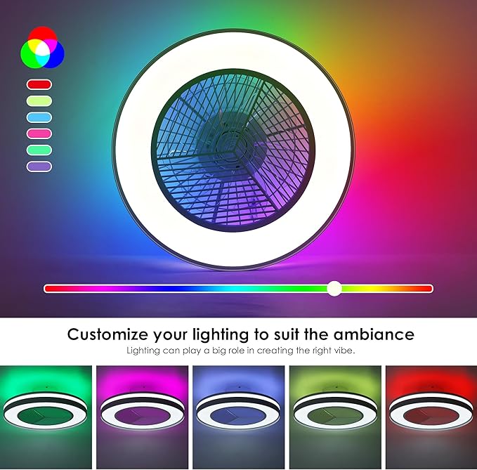 Smart Low Profle Ceiling Fans with RGB Lights Remote/APP/Voice Control, 20" Bladeless Ceiling Fans with 6 Speeds, Timer, Quiet DC Motor, Ceiling Fan with Light for Kids Bedroom/Living Room