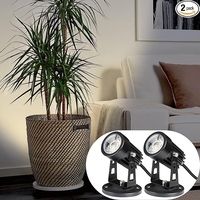 SUNVIE 2 Pack LED Spot Lights Indoor for Plants Uplights Lamp Accent Lighting Decor 120V Warm White Up Spotlight 5.9 FT Cord with Floor Foot Switch (Base and Stake Included)