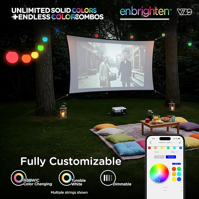 Enbrighten Vibe Sphere Outdoor String Lights, 57ft, 12 RGBWIC Bulbs, 6in Extra Large Spheres, Waterproof, Patio, Backyard, Gameday, Holiday, Smart App, Compatible with Alexa, Google Home, 85976
